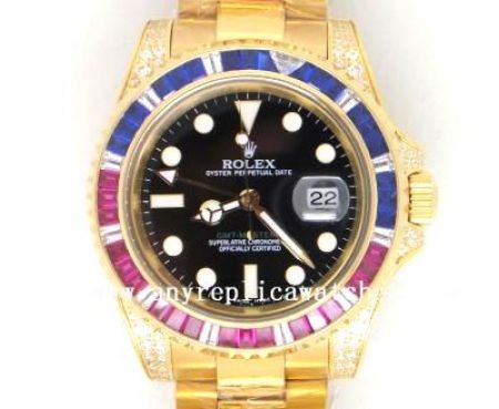 Rolex GMT Master II Red / Blue Diamond Bezel All Gold Replica Watch